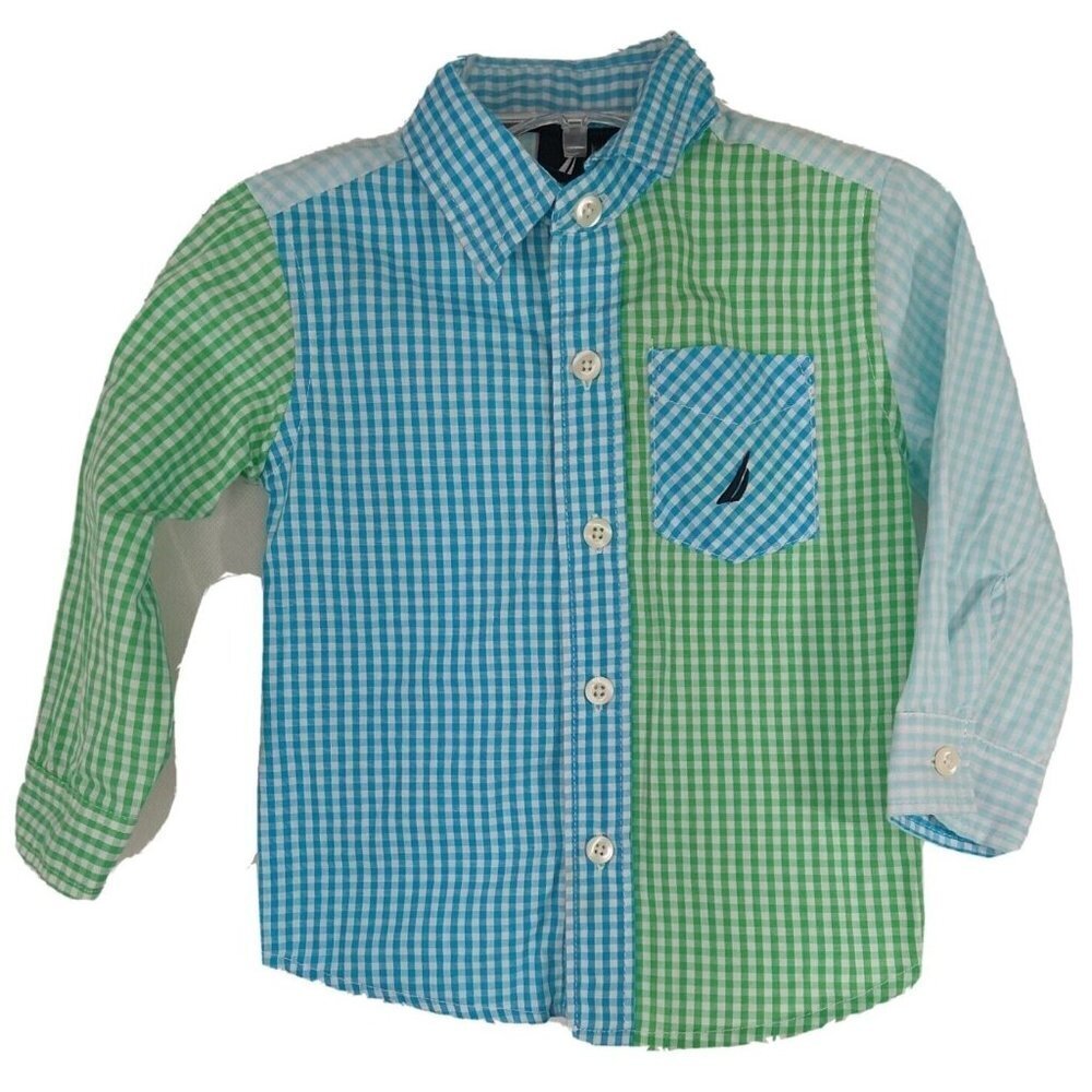 Nautica Button Up Shirt Boys Size 18 Month Blue Green Gingham Check Long Sleeve